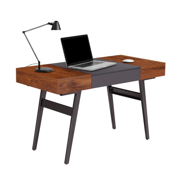 Techni Mobili  Writing Desk - Dual Side & Pull-Out Front Drawer  - Coated Grey Steel Frame - Mahogany Online now