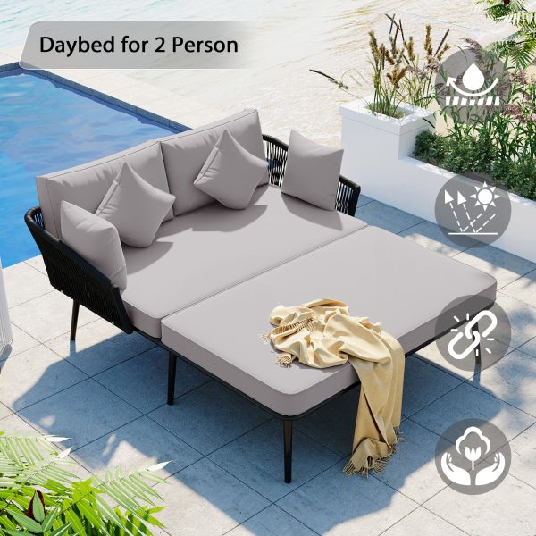 TOPMAX Outdoor Patio Daybed, Woven Nylon Rope Backrest with Washable Cushions for Balcony, Poolside, Set for 2 Person, Gray Online Sale