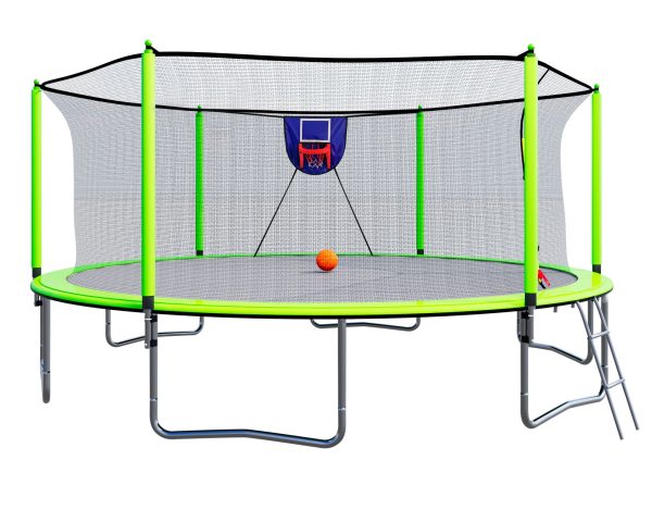 15FT Trampoline with Basketball Hoop Inflator and Ladder, 6pcs safety new pole Sleeves- Green Online now