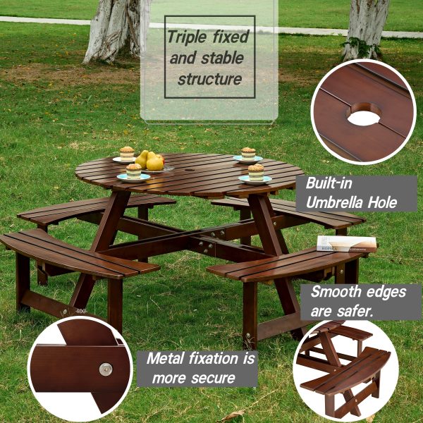 Outdoor 8 Person Picnic Table, 8 person Round Picnic Table with 4 Built-in Benches, Umbrella Hole, Outside Table and Bench Set for Garden, Backyard, Porch, Patio,  Brown For Discount