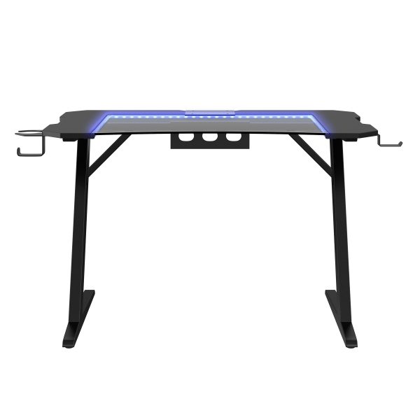 Gaming Desk, Steel Legs, Multicolored LED Lights, Cup Holder, 3 USB Ports, Tempered Glass Accent in Black Online Sale