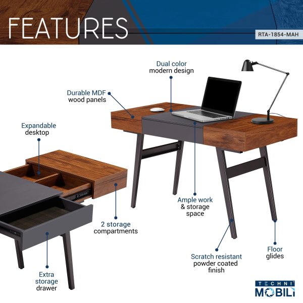 Techni Mobili  Writing Desk - Dual Side & Pull-Out Front Drawer  - Coated Grey Steel Frame - Mahogany Online now