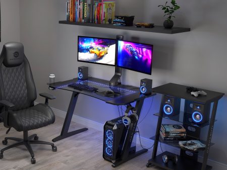 Gaming Desk, Steel Legs, Multicolored LED Lights, Cup Holder, 3 USB Ports, Tempered Glass Accent in Black Online Sale