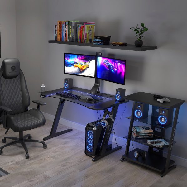 Gaming Desk, Steel Legs, Multicolored LED Lights, Cup Holder, 3 USB Ports, Tempered Glass Accent in Black Online Sale