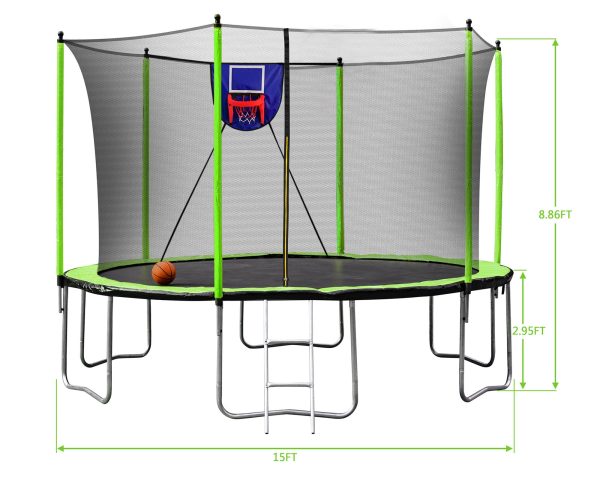 15FT Trampoline with Basketball Hoop Inflator and Ladder, 6pcs safety new pole Sleeves- Green Online now