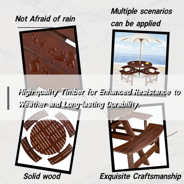 Outdoor 8 Person Picnic Table, 8 person Round Picnic Table with 4 Built-in Benches, Umbrella Hole, Outside Table and Bench Set for Garden, Backyard, Porch, Patio,  Brown For Discount