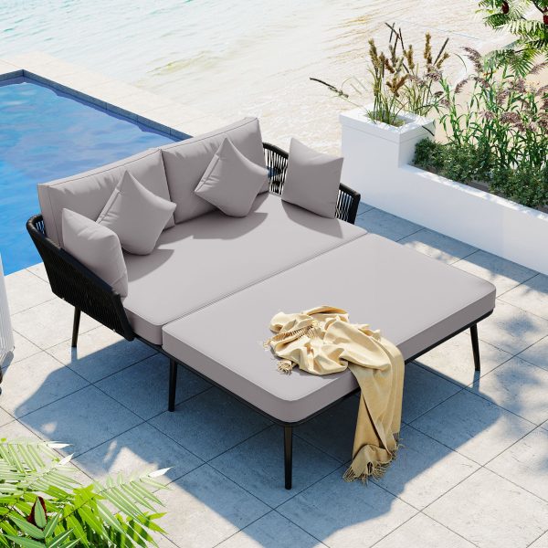 TOPMAX Outdoor Patio Daybed, Woven Nylon Rope Backrest with Washable Cushions for Balcony, Poolside, Set for 2 Person, Gray Online Sale