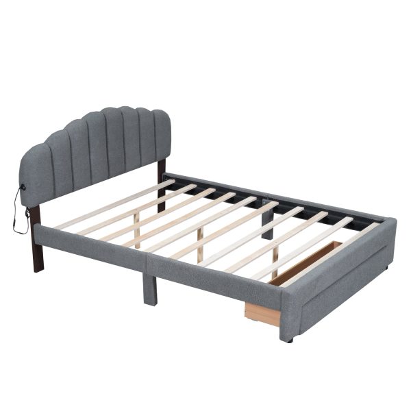 Teddy Fleece Queen Size Upholstered Platform Bed with Drawer, Gray Supply