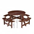 Outdoor 8 Person Picnic Table, 8 person Round Picnic Table with 4 Built-in Benches, Umbrella Hole, Outside Table and Bench Set for Garden, Backyard, Porch, Patio,  Brown For Discount