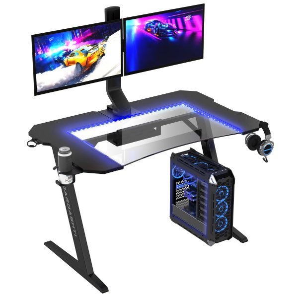 Gaming Desk, Steel Legs, Multicolored LED Lights, Cup Holder, 3 USB Ports, Tempered Glass Accent in Black Online Sale