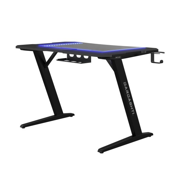 Gaming Desk, Steel Legs, Multicolored LED Lights, Cup Holder, 3 USB Ports, Tempered Glass Accent in Black Online Sale