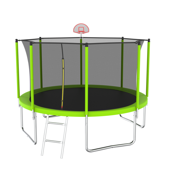 12FT Trampoline Green for Kids & Adults with Basketball Hoop and Ball ,Recreational Trampolines with Safety Enclosure for Back Yard Outdoor Cheap