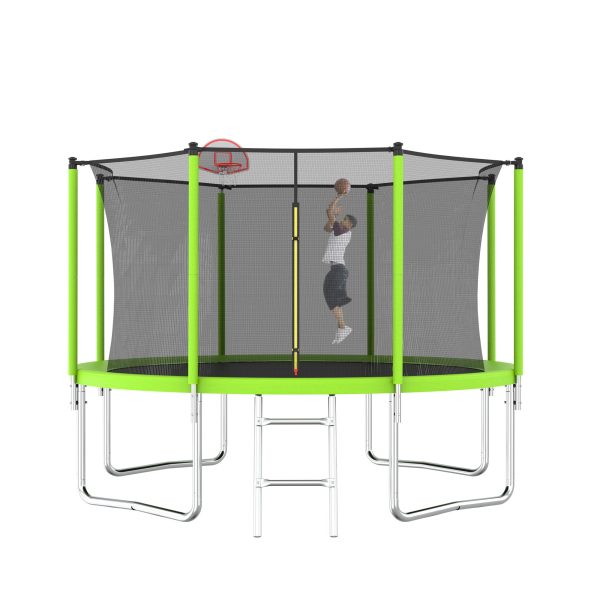 12FT Trampoline Green for Kids & Adults with Basketball Hoop and Ball ,Recreational Trampolines with Safety Enclosure for Back Yard Outdoor Cheap