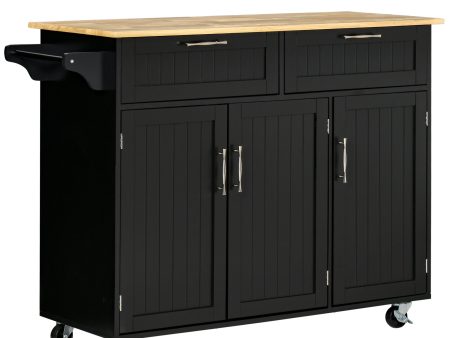 HOMCOM Mobile Kitchen Island with Storage, Kitchen Cart with Wood Top, Storage Drawers, 3-door Cabinets, Adjustable Shelves and Towel Rack, Black Hot on Sale