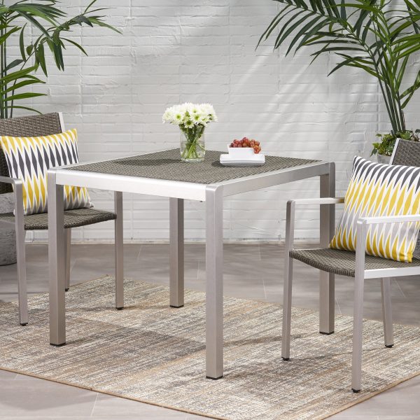 Outdoor Dining Table - Anodized Aluminum - Wicker Table Top - Square - Silver and Gray - 35  Online Hot Sale