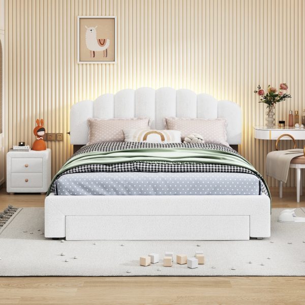 Teddy Fleece Queen Size Upholstered Platform Bed with Nightstand, White on Sale