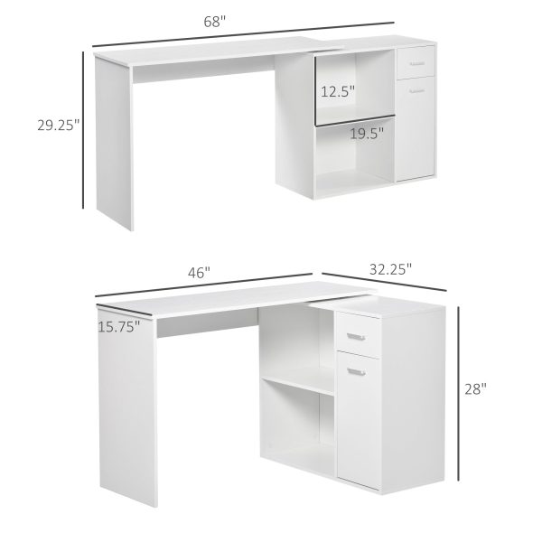 HOMCOM L Shaped Computer Desk, 180° Rotating Corner Desk with Storage Shelves, Drawer and Cabinet, Study Workstation for Home Office, White For Sale