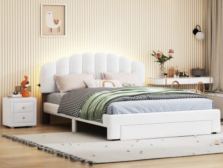 Teddy Fleece Queen Size Upholstered Platform Bed with Nightstand, White on Sale