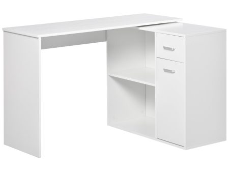 HOMCOM L Shaped Computer Desk, 180° Rotating Corner Desk with Storage Shelves, Drawer and Cabinet, Study Workstation for Home Office, White For Sale