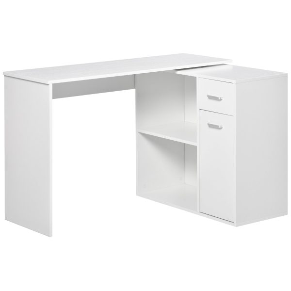 HOMCOM L Shaped Computer Desk, 180° Rotating Corner Desk with Storage Shelves, Drawer and Cabinet, Study Workstation for Home Office, White For Sale