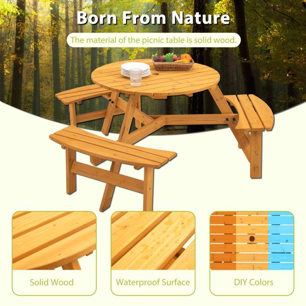 6-Person Circular Outdoor Wooden Picnic Table for Patio, Backyard, Garden, DIY w  3 Built-in Benches, 1720lb Capacity - Natural Cheap