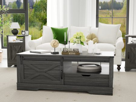 Farmhouse Sliding Barn Door Coffee Storage Large Rectangular Table - Dark Gray Online Hot Sale