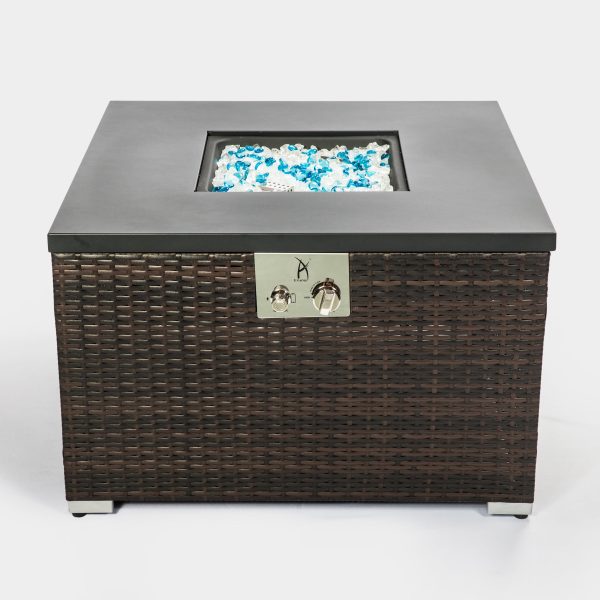 Outdoor Gas Fire Pit  Square Dark Brown Wicker Fire Pit Table Propane Fire Table with Glass Rocks Online now