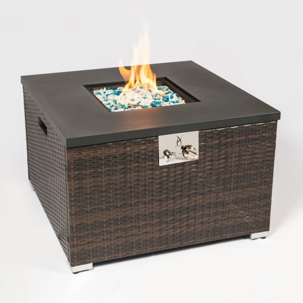 Outdoor Gas Fire Pit  Square Dark Brown Wicker Fire Pit Table Propane Fire Table with Glass Rocks Online now