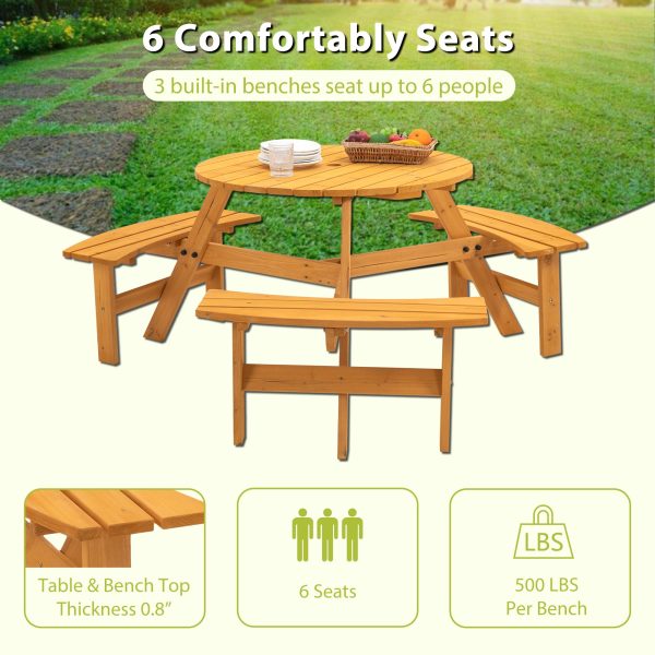 6-Person Circular Outdoor Wooden Picnic Table for Patio, Backyard, Garden, DIY w  3 Built-in Benches, 1720lb Capacity - Natural Cheap