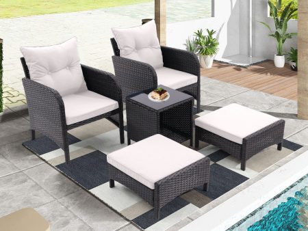 5 Piece Outdoor Patio Furniture Set,All Weather PE Rattan Conversation Chairs with Armrest and Removable Cushions,Ottomans and Storage Coffee Table for Poolside Garden Balcony Deck(Beige) Online