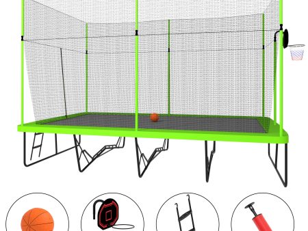 10ft by 17ft Rectangule Trampoline with Green Fabric Black Powder-coated Galvanized Steel Tubes with Basketball Hoop System Advanced Ladder For Cheap