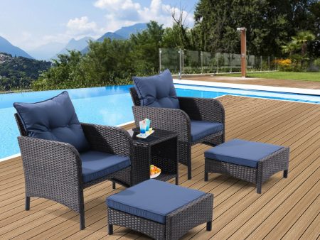 5 Piece Outdoor Patio Furniture Set,All Weather PE Rattan Conversation Chairs with Armrest and Removable Cushions,Ottomans and Storage Coffee Table for Poolside Garden Balcony Deck(Peacock Blue) Cheap