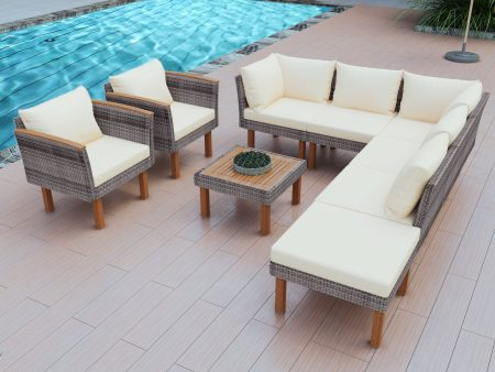 GO 9-Piece Patio Rattan Furniture Set, Outdoor Conversation Set With Acacia Wood Legs and Tabletop, PE Rattan Sectional Sofa Set with Coffee Table, Washable Cushion, Beige Cheap