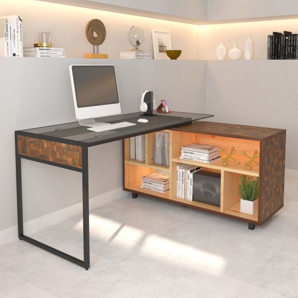 Techni Mobili L-Shape Corner Desk with Multiple Storage, Oak Supply