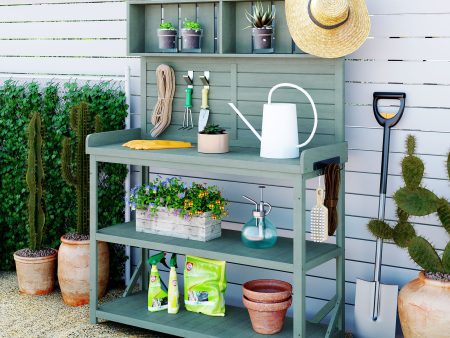 TOPMAX 65  Large Wooden Farmhouse Rustic Outdoor Potting Bench Table, Patio Workstation, Garden Potting Bench with 4 Storage Shelves and Side Hook,Green Online Hot Sale