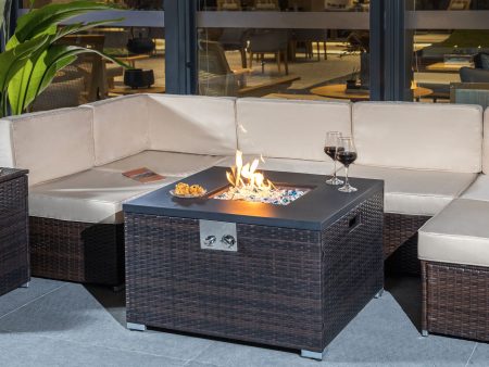 Outdoor Gas Fire Pit  Square Dark Brown Wicker Fire Pit Table Propane Fire Table with Glass Rocks Online now