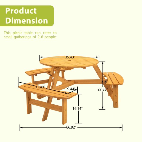 6-Person Circular Outdoor Wooden Picnic Table for Patio, Backyard, Garden, DIY w  3 Built-in Benches, 1720lb Capacity - Natural Cheap