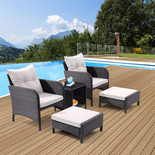 5 Piece Outdoor Patio Furniture Set,All Weather PE Rattan Conversation Chairs with Armrest and Removable Cushions,Ottomans and Storage Coffee Table for Poolside Garden Balcony Deck(Beige) Online