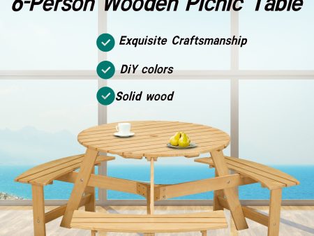 Outdoor 6 Person Picnic Table, 6 person Round Picnic Table with 3 Built-in Benches, Umbrella Hole, Outside Table and Bench Set for Garden, Backyard, Porch, Patio,  Natural For Sale