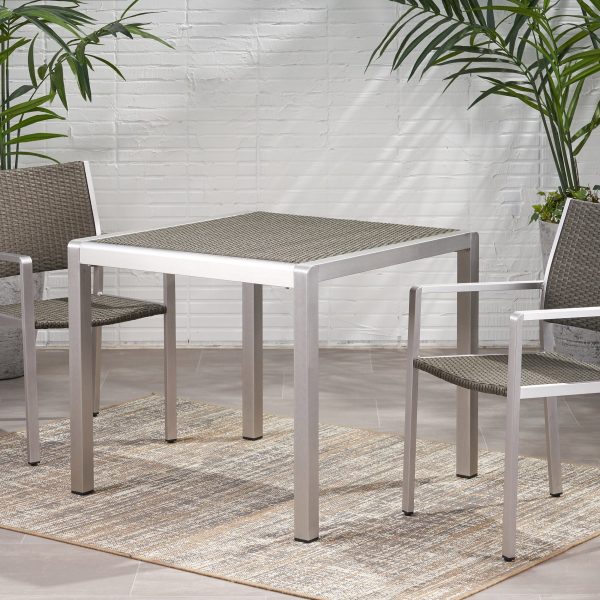 Outdoor Dining Table - Anodized Aluminum - Wicker Table Top - Square - Silver and Gray - 35  Online Hot Sale