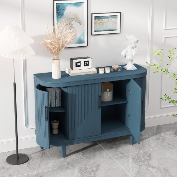 Modern Curved Sideboard 47.2-Inch Decorative Storage Cabinet Wooden Console Table Coffee Bar Cabinet with 4 Doors and Adjustable Interior Shelves for Living Room, Kitchen, Bedroom, Hallway (Blue) Online now