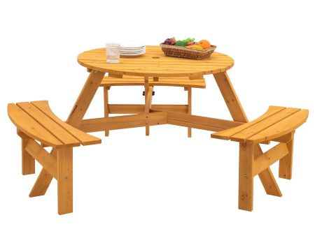 6-Person Circular Outdoor Wooden Picnic Table for Patio, Backyard, Garden, DIY w  3 Built-in Benches, 1720lb Capacity - Natural Cheap