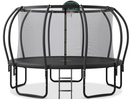 12FT Trampoline for Kids with Upgraded ArcPole and Composite TopLoop for Safety Enclosure, Plus Basketball Board and 10 Ground Stakes, Outdoor Recreational Playset Balance Physical Training Trampoline Online Sale