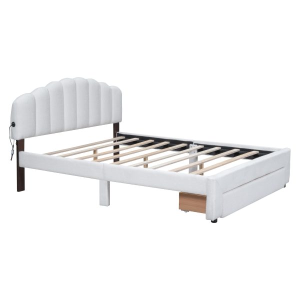 Teddy Fleece Queen Size Upholstered Platform Bed with Nightstand, White on Sale