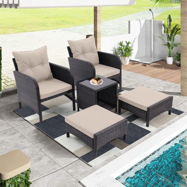 5 Piece Outdoor Patio Furniture Set,All Weather PE Rattan Conversation Chairs with Armrest and Removable Cushions,Ottomans and Storage Coffee Table for Poolside Garden Balcony Deck(Dust Grey) For Discount