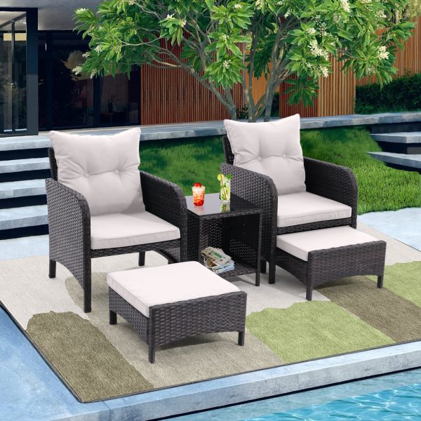 5 Piece Outdoor Patio Furniture Set,All Weather PE Rattan Conversation Chairs with Armrest and Removable Cushions,Ottomans and Storage Coffee Table for Poolside Garden Balcony Deck(Beige) Online