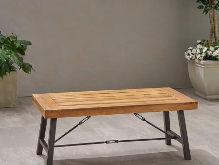 Outdoor Acacia Wood Coffee Table, Teak Finish   Rustic Metal Brown and Black, 27.25 D x 45.75 W x 18 H Discount