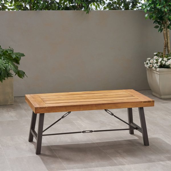 Outdoor Acacia Wood Coffee Table, Teak Finish   Rustic Metal Brown and Black, 27.25 D x 45.75 W x 18 H Discount