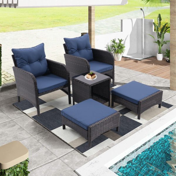 5 Piece Outdoor Patio Furniture Set,All Weather PE Rattan Conversation Chairs with Armrest and Removable Cushions,Ottomans and Storage Coffee Table for Poolside Garden Balcony Deck(Peacock Blue) Cheap