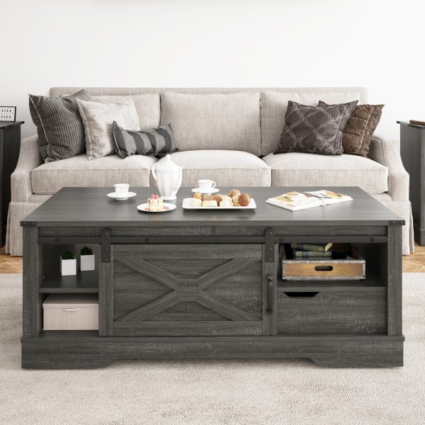 Farmhouse Sliding Barn Door Coffee Storage Large Rectangular Table - Dark Gray Online Hot Sale